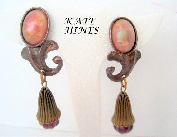 Kate Hines Earrings - Modernist Mixed Metal - Glass Base - Clip Ons - Designer Earrings