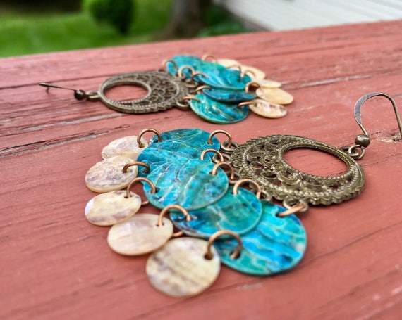 Light Blue & Natural "Simply Chandelier" Mussel Shell Earrings