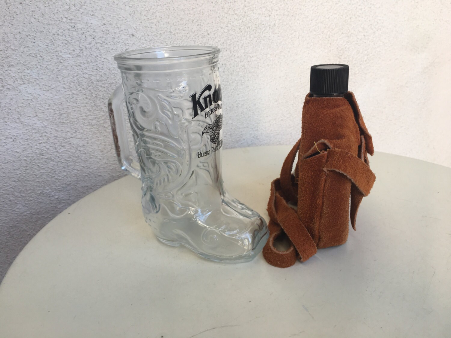 Vintage Knott's Berry Farm glass boot cup and suede