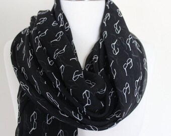 Eyeglasses Scarf, eyeglass Print Scarf- Eye glasses Patterned black white red chiffon PAREO Scarf-optometrist Scarves, woman fashion scarf