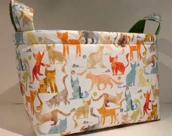 Fabric Storage Basket Bin Organizer Storage Container- Pastel Smarty Cat Print on White with Chartreuse Interior