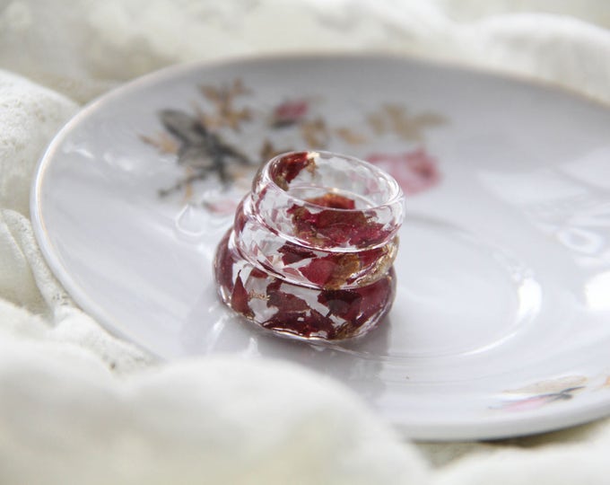 Resin Rings With Red Petals, Faceted Ring With Rose Petals, Golden Flakes Ring, Transparent Clear Resin Ring, Floral Flower Nature Ring