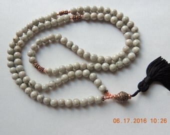 Mens Mala necklace 108 / Good Luck Tassel Necklace / Japa Mala - Buddhist Prayer Beads - Grey feldspar 108 Mala / Necklace Handmade