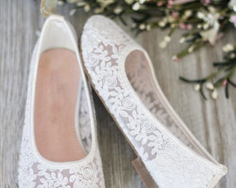 GIRLS SHOES -Flower Girl Shoes - White Lace Ballet Flats