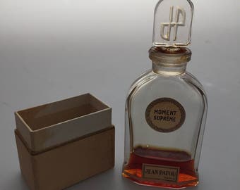 1930s Vintage MOMENT SUPREME Jean Patou Made in France Glass Bottle Ground Stopper Etched Stopper Partial Box French Perfume