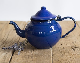 Vintage Blue Enamel Teapot, Shabby Chic Kitchen, Rustic Home Decor, French Country Enamelware, Gift for Tea Lovers