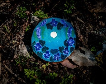 Spring violet Moon, Full moon magic painting, wood slice original painting with violets under a full moon,ideal for your altar or wall