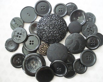 Black Button Collection - 26 Black Plastic Buttons - Extra Large Black Buttons - Fancy Black Buttons - Black Cloth Buttons