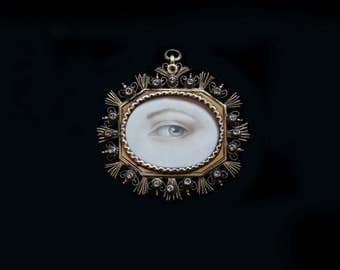 Sandra Hendler Original Hand Painted Miniature of a Lovers Eye In Rare & Fabulous Antique- 1700's Silver w Gilt Wash and Jargoon Stones