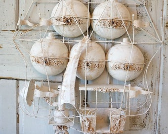 Metal flying machine hot air balloon wall sculpture shabby cottage chic ornate white embellished steampunk ship decor anita spero design