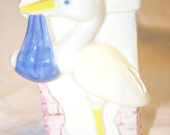 Vintage Wall Pocket Planter Stork w/ Baby Bundle 1950s