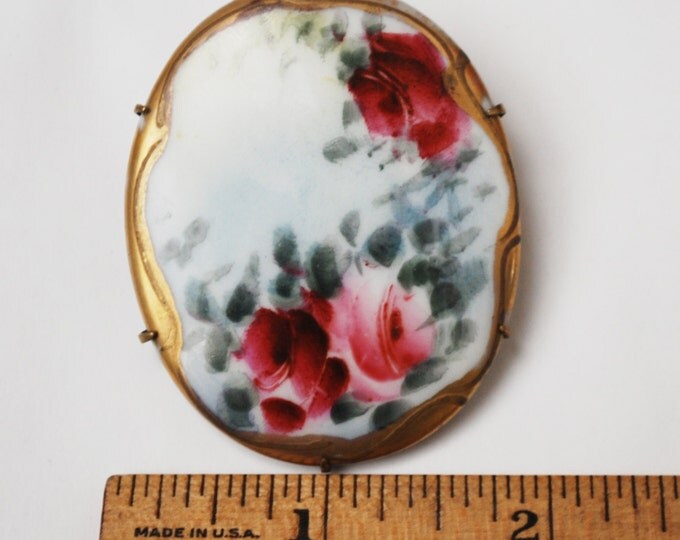 Hand Painted Porcelain Brooch - Pink rose floral - Gold accent - Antique Victorian - C clasp Flower pin