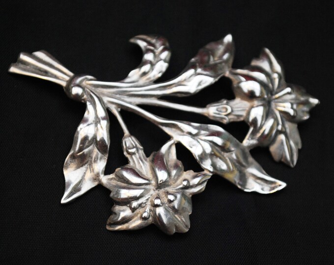 Sterling Flower Brooch - Signed Danecraft - Large Art Nouveau floral Silver pin - 29 grams