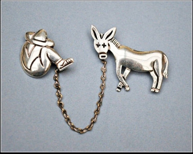 Sterling Taxco Brooch - Siesta Man Donkey Chatelaine Pin - Signed Maricela Tasco Mexico