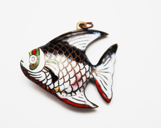 Clossonne enamel Fish Pendant - white black gold green blue red enameling