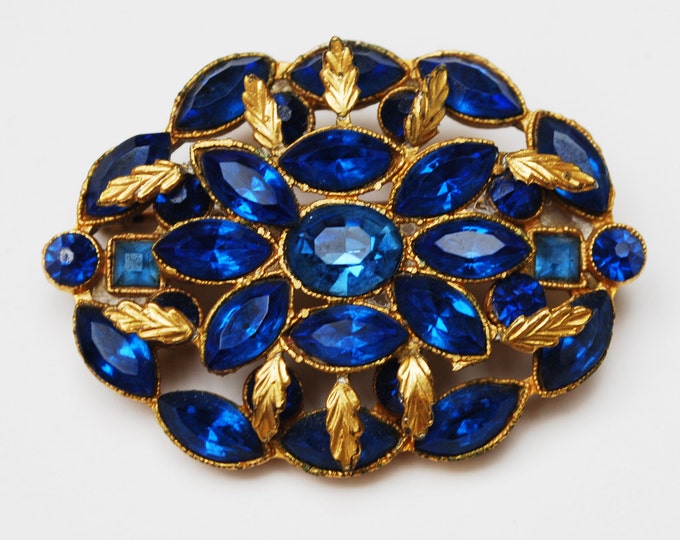 Colbalt Blue Rhinestone Brooch - Oval - Gold Leaf - Floral flower pin - Mid Century