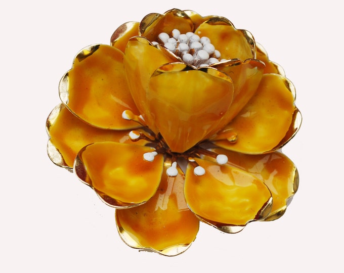 Yellow Orange Flower Brooch - Enamel Flower -Mustard white - Mid century floral Pin