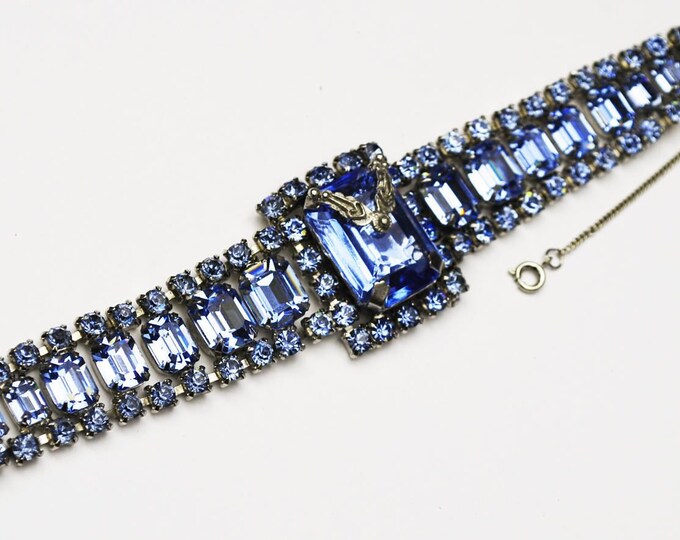 Blue Rhinestone Bracelet - Emerald cut Crystal - Prong set -Silver tone setting - Gift for her -Wedding BRide