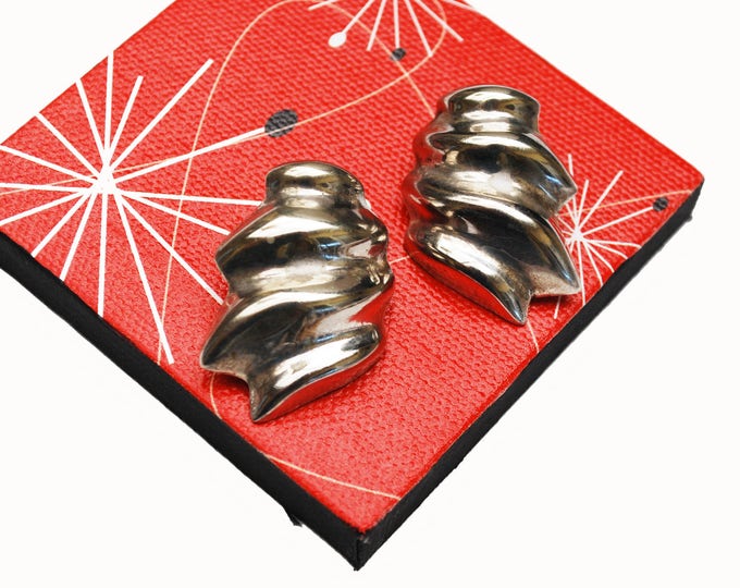 Large ribbed silver earrings - Puffy Hollow - Modernistic modern - Mexico Alcapa - Clip on Earring