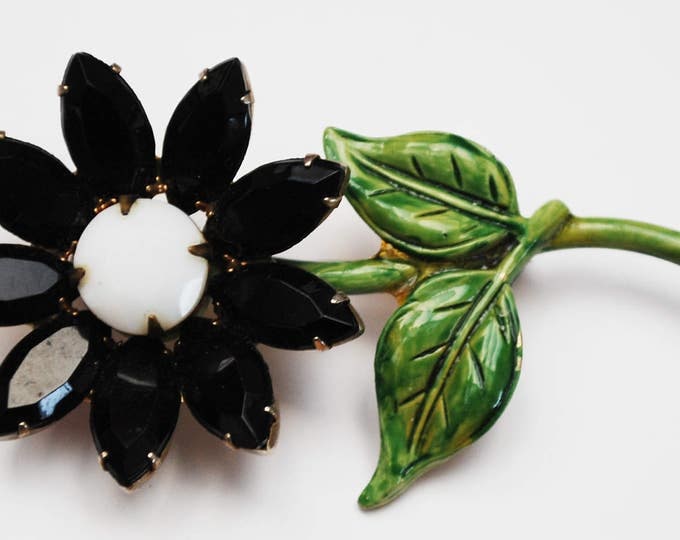 Rhinestone Flower Brooch - white milk glass black facet crystals petals - green enamel Floral pin