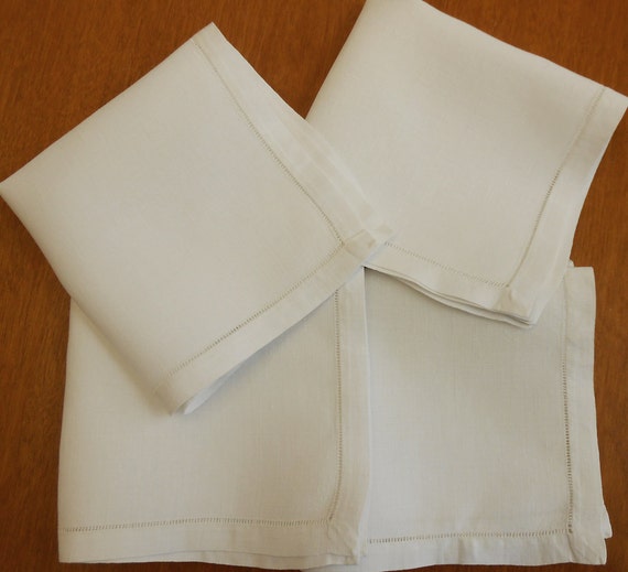 4 Linen Napkins White Vintage Hemstitching Matching Set of 4