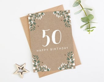 50th Birthday Card Botanical Kraft