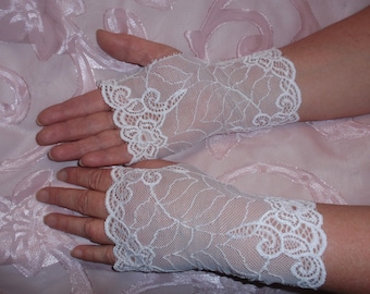 Wedding Stretchy white Lace Fingerless Gloves Wrist Cuffs Handmade