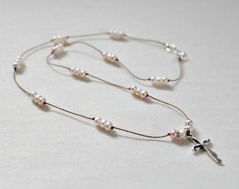 Delicate Cross Necklace,Easter Gift For Girl,For Woman,Pearl,Silk Cord,Confirmation Gift for Girls,First Communion Gift for Girl,Unique