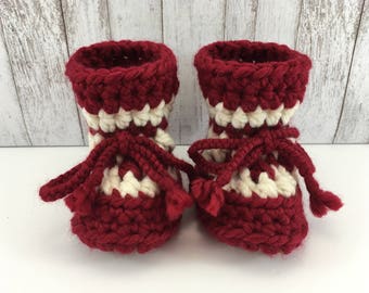Red with Cream Stripe BABY Toddler Child Crochet SHEEPSKIN Slippers and Booties with Brown Leather Suede and Sheepskin Shearling Sole