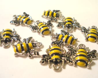 18mm Silver Tone Bee Charms Pack of 6 Yellow and Black Bee Shape Charms C56