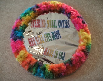 Fuzzy soft bright rainbow tie dye rosebud swirls steering wheel cover