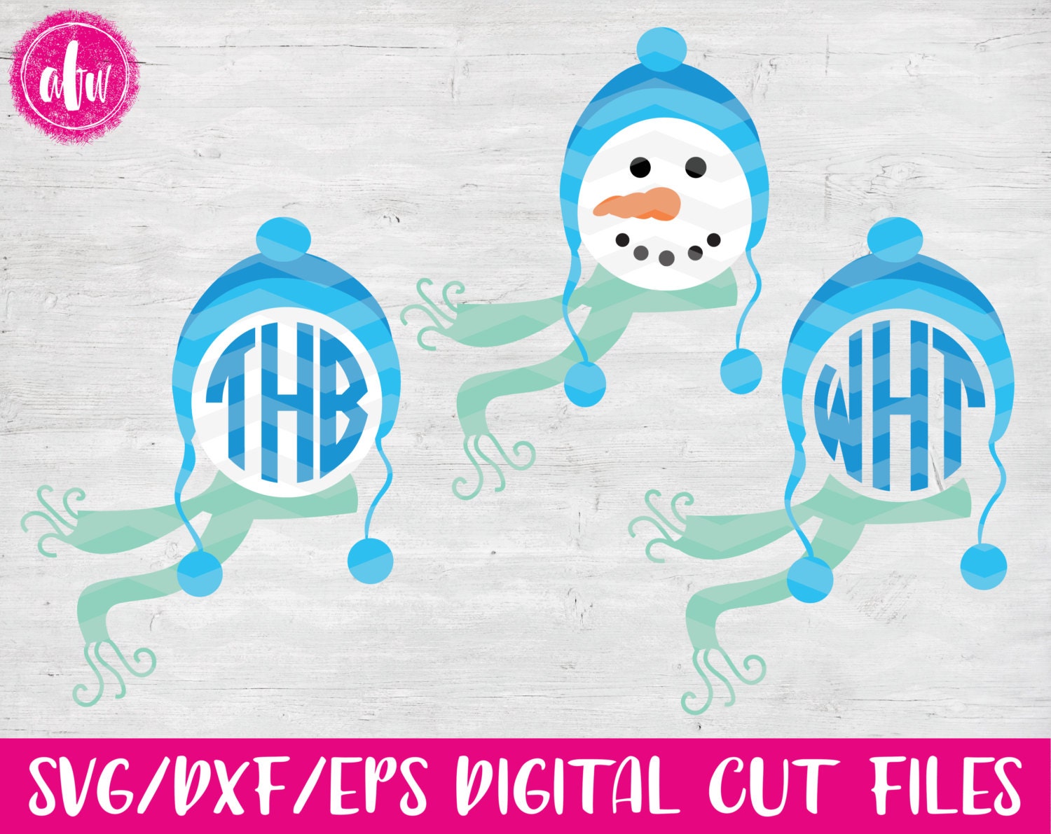 Monogram Snowman Head SVG DXF EPS Cut File Scarf Hat
