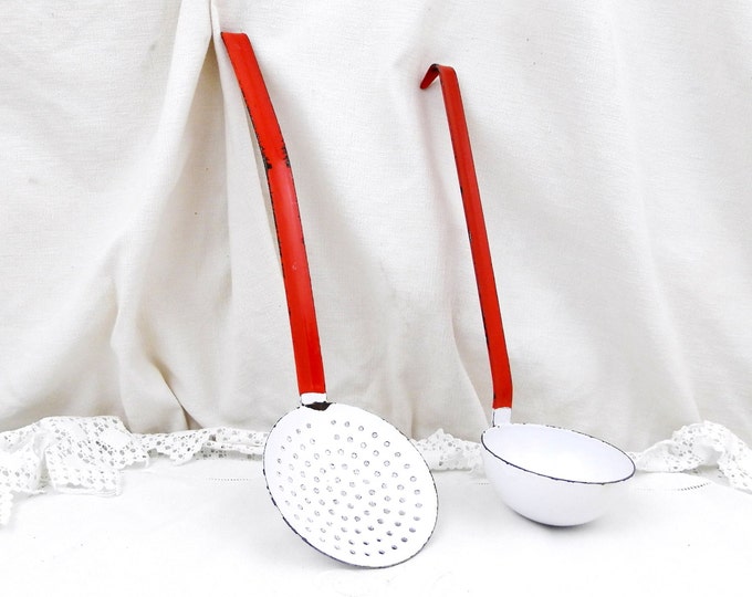Vintage French Red and White Chippy Enamelware Matching Ladle and Strainer, French Country Decor, Kitchen, Cooking Utensil, Retro Home