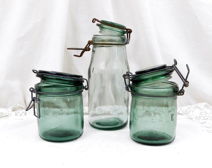 1 Antique French Green Glass Canning Jar L'IDEALE 1/2 Liter / 1 Pint, French Country Decor, Mason Jar, Preserve, Jar, Green Bottle, Jam,