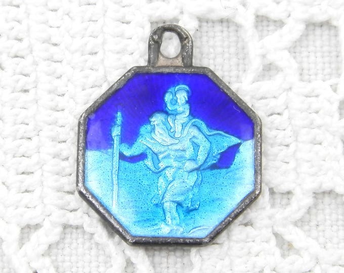 Small Vintage French Coin Silver Religious Medal of Saint Christopher with Blue Enamel, St Christopher, Traveller, Catholic, Good Luck Charm