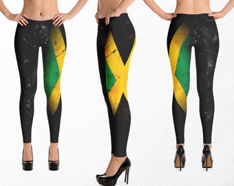 Jamaican Flag Leggings, Sexy Gym Clothes, Jamaica Dancehall Yoga Pants, Gift For Her, Caribbean Pride Clothing