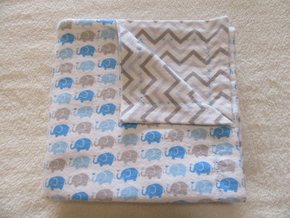 Blue and Gray Elephant Flannel Receiving Blanket