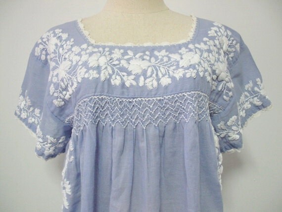 Embroidered Mexican Blouse Cotton Short Sleeve In Blue Boho