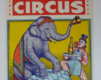 Original Vintage Circus Elephant Poster 1950s - Wallace & Clark - Clown poster