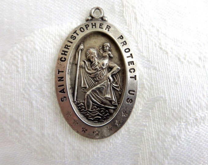 Vintage St. Christopher Pendant, Sterling Religious Medal, St, Christopher Protect Us, Religious Jewelry