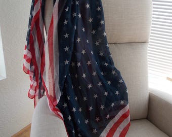 AMERICANA FABRIC . Red . White . Blue . Flag . Voile . Finished Hem . Scarf .