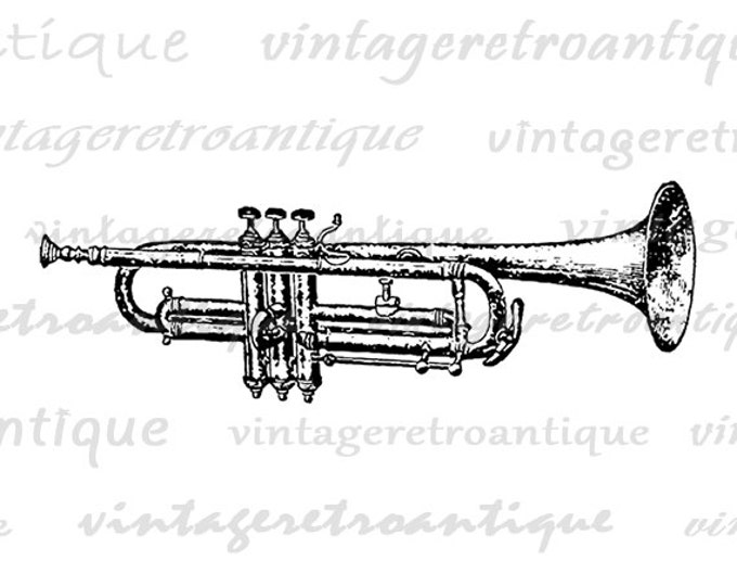 Trumpet Digital Graphic Printable Antique Illustration Image Download Vintage Clip Art Jpg Png Eps HQ 300dpi No.1239