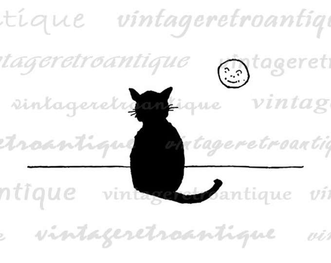 Digital Printable Cat and Moon Download Kitten Illustration Graphic Image Vintage Clip Art Jpg Png Eps HQ 300dpi No.3413