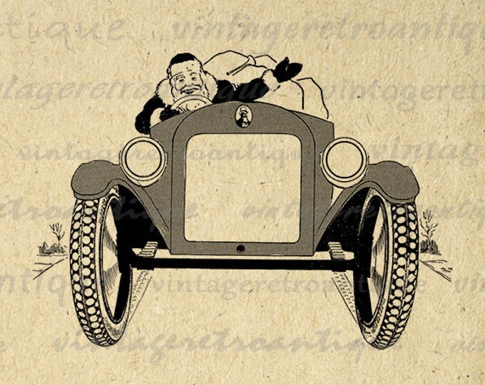 Printable Graphic Santa Claus Driving Antique Roadster Car Digital Christmas Image Download Vintage Clip Art HQ 300dpi No.3461