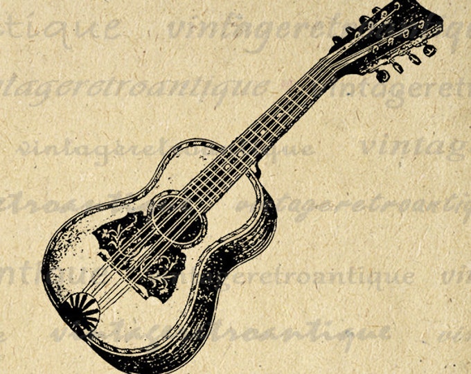 Little Acoustic Guitar Digital Printable Download Illustration Image Graphic Vintage Clip Art Jpg Png Eps HQ 300dpi No.1208