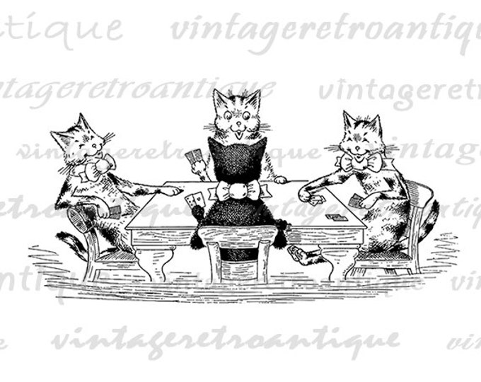 Cats Playing Poker Printable Image Download Kittens Card Game Graphic Digital Vintage Clip Art Jpg Png Eps HQ 300dpi No.2933