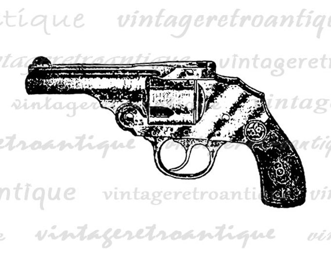 Antique Revolver Gun Digital Graphic Printable Pistol Image Download Vintage Clip Art Jpg Png Eps HQ 300dpi No.1303