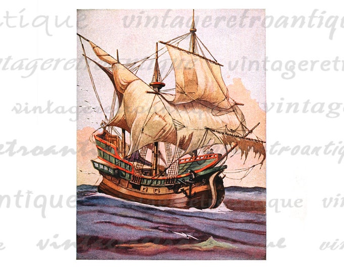 Ancient Ship Boat Beautiful Color Printable Image Digital Graphic Download Vintage Clip Art HQ 300dpi No.2912