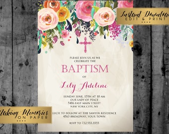Baptism Invitation, Watercolor Flowers Baptism, Christening, Dedication ,First Communion, INSTANT DOWNLOAD, print yourself, sfc, floral