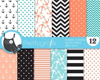 80% OFF SALE classic coastal digital paper, commercial use, scrapbook papers, background, anchors, nautical - PS628